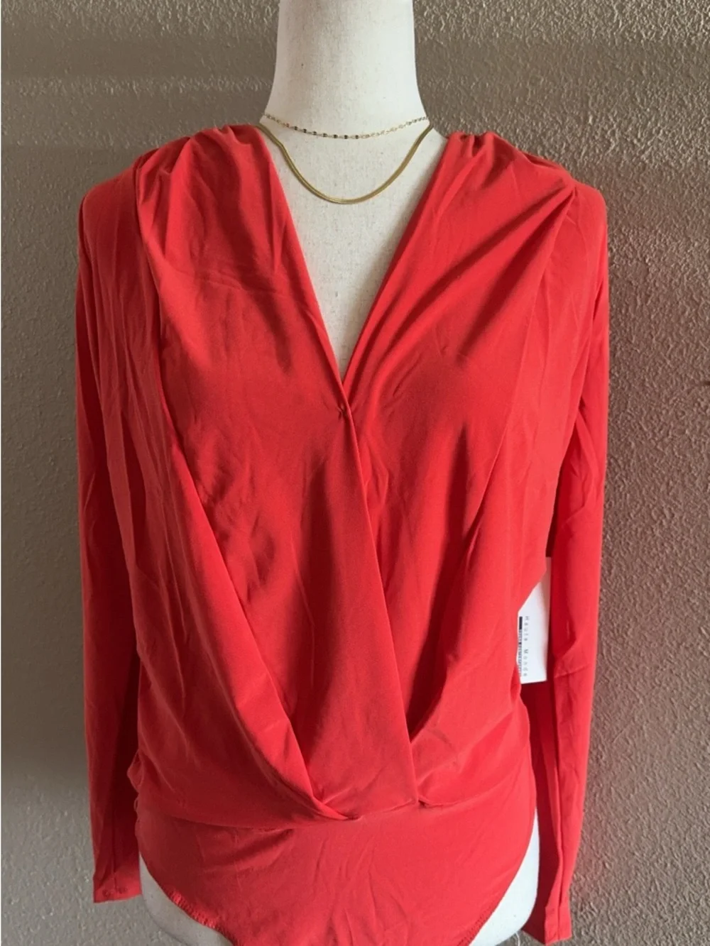 V-Neck Long Sleeve Wrap Bodysuit in Coral Red - Picture 5 of 12